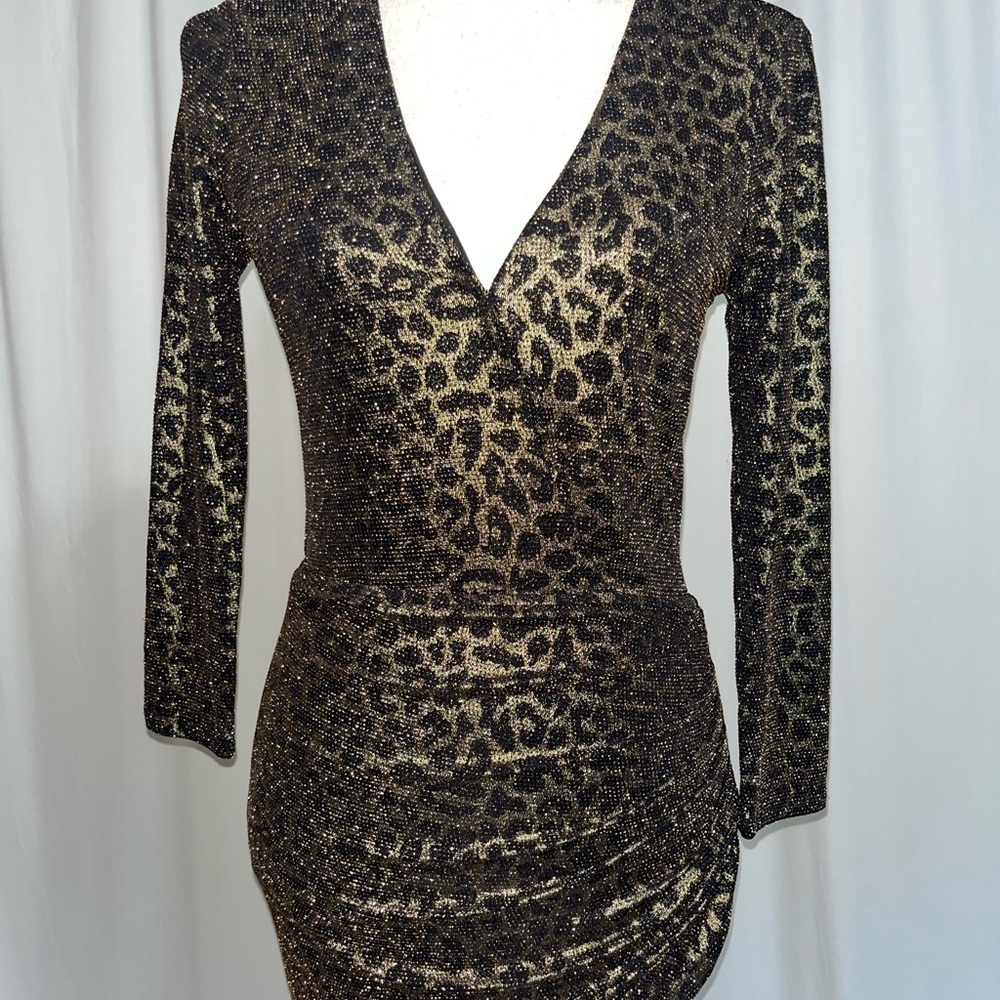 Lovers + Friends Metallic‎ Leopard Long Sleeve Mini Faux Wrap Dress Size Small - Picture 3 of 7